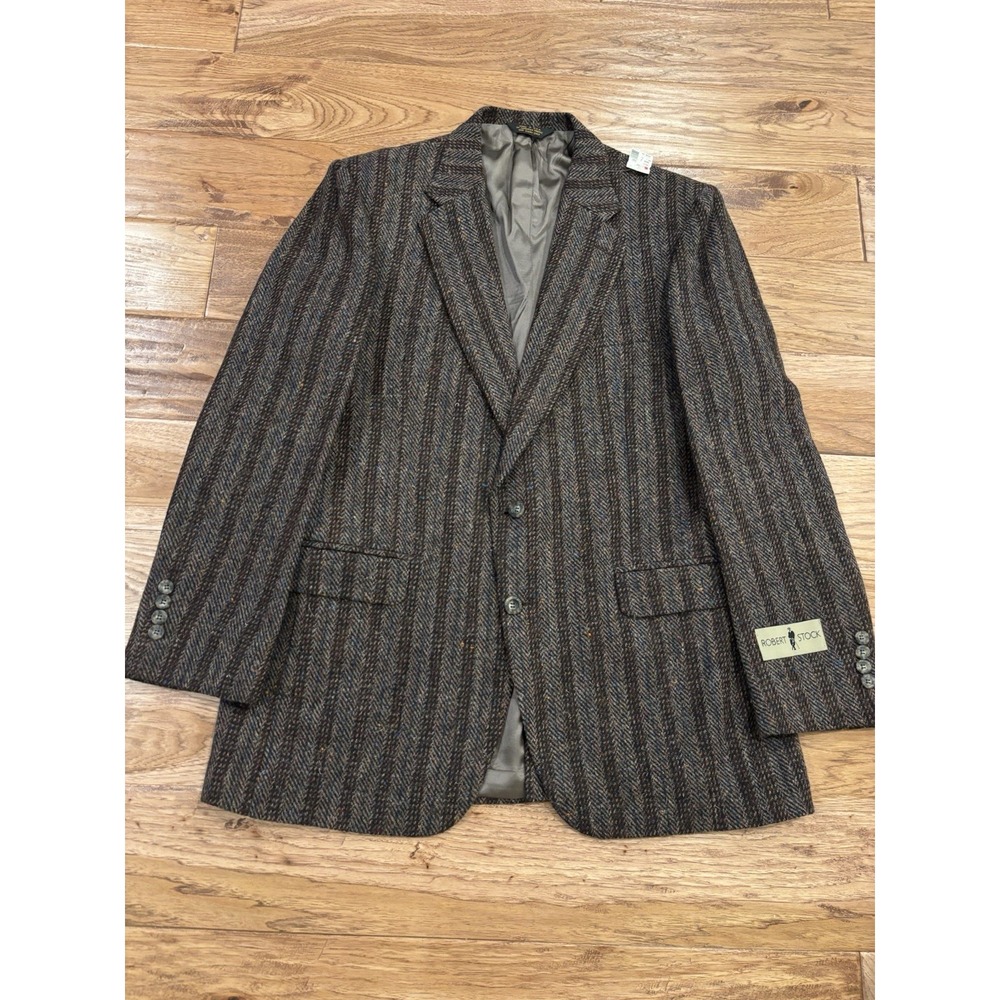NOS Robert Stock Brown Striped Herringbone Tweed Sport Coat Wool Mens 44L NEW